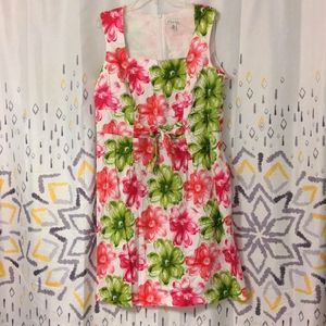 Kim Rogers Sleeveless Pink/White/Chartreuse Floral Print Dress w/Front Bow, 16W